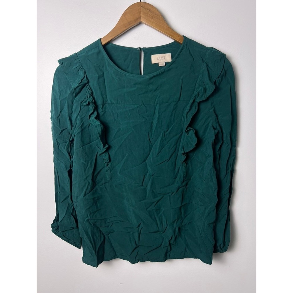LOFT Ruffle Trim Blouse Top Wm XS Green‎ Long Sleeve Rayon Corporate Office Chic